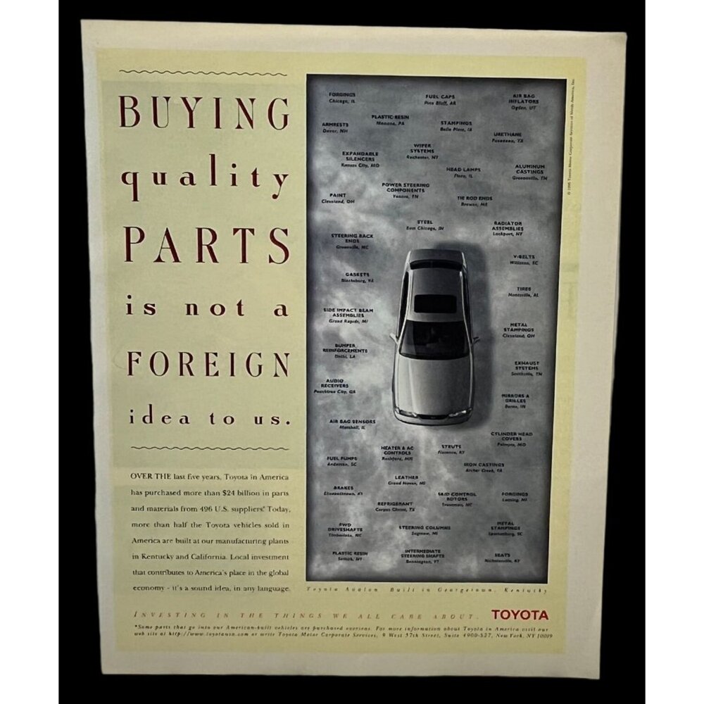 Toyota Print Ad Vintage 90s Made in America Autos Cars Avalon
